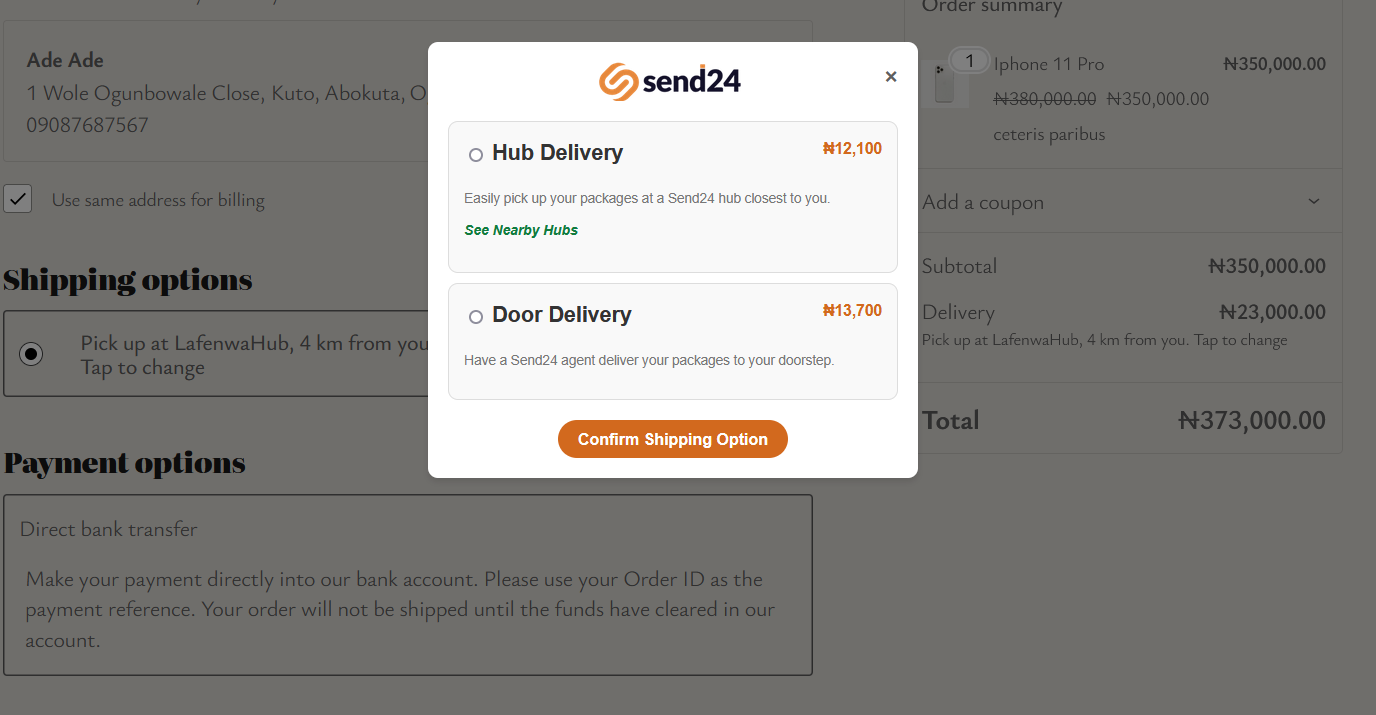 Delivery Options Modal Delivery Options Modal